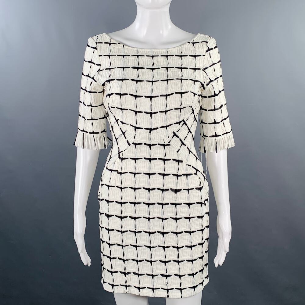 FREDERICK ANDERSON Size 4 White Black Cotton Textured Short Sleeve Dress